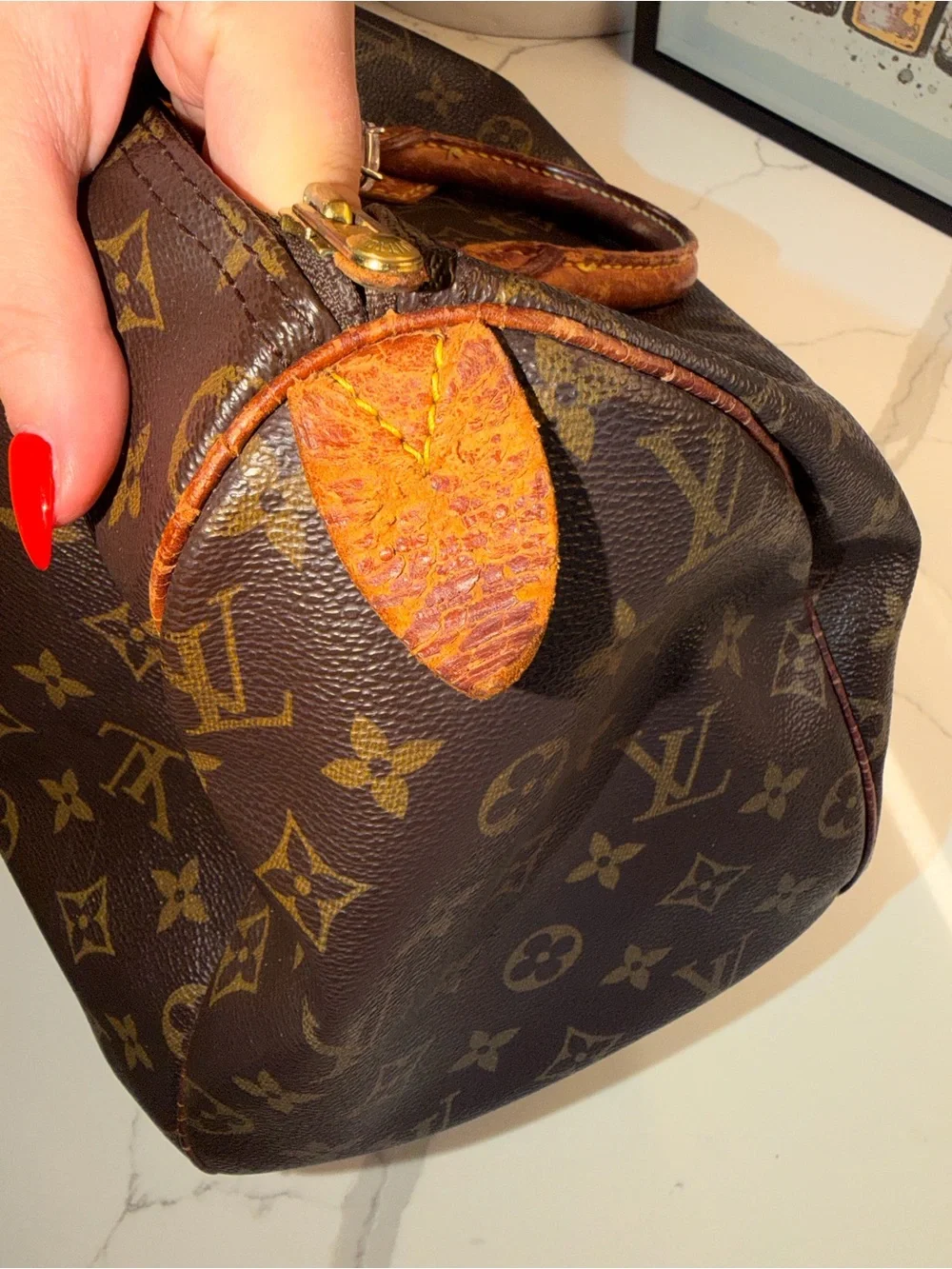 Louis Vuitton Brown Monogram Speedy with Tan Handles